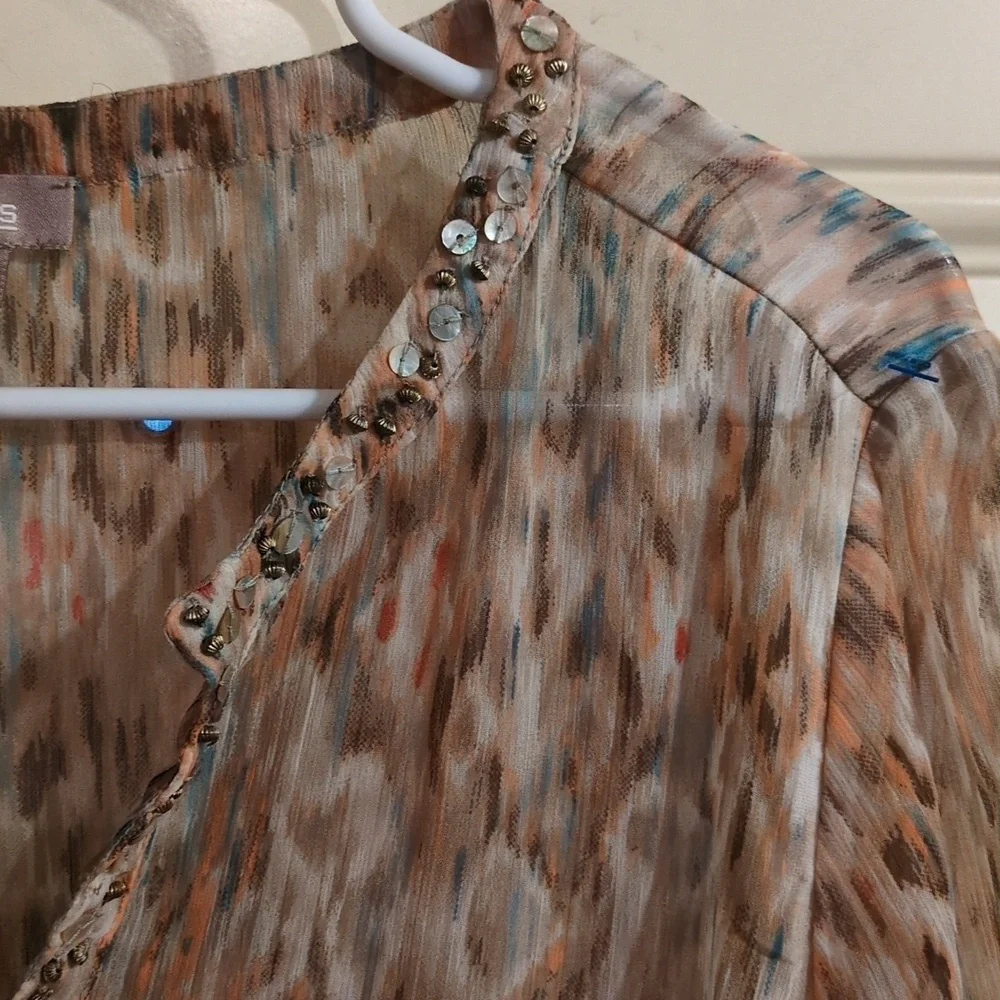Chicos Tunic: Sheer, Abstract Print Embellished With Beads & Rhinestones, V-Neck - Picture 7 of 16